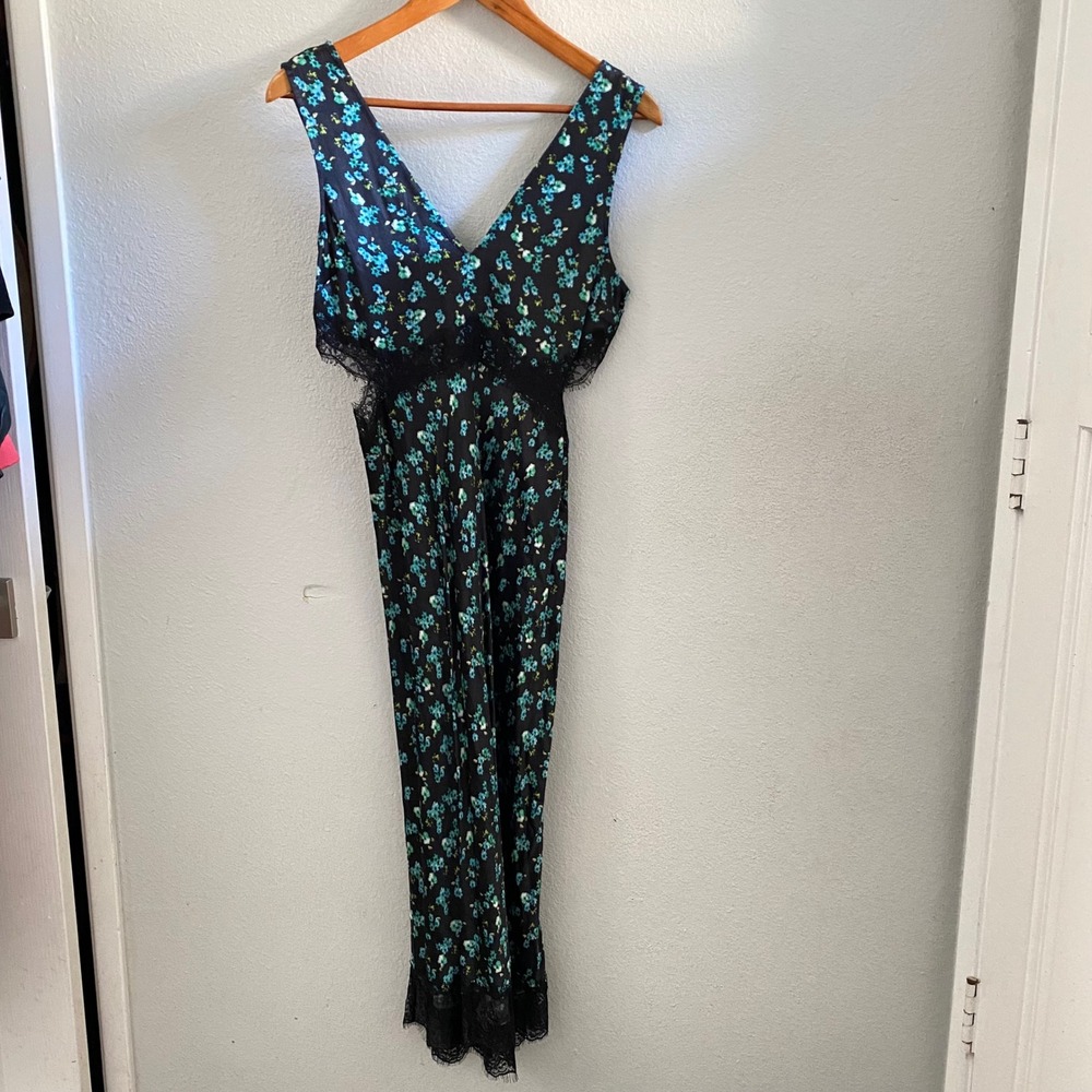 Rails Pandora Mint Floral Lace Trim Satin Midi Dress Black Blue Green XS NWT